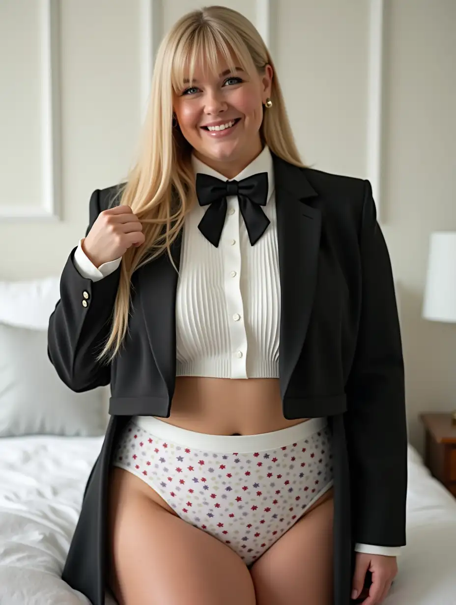 Elegant-MiddleAged-Woman-in-Formal-Concert-Tuxedo-in-White-Bedroom