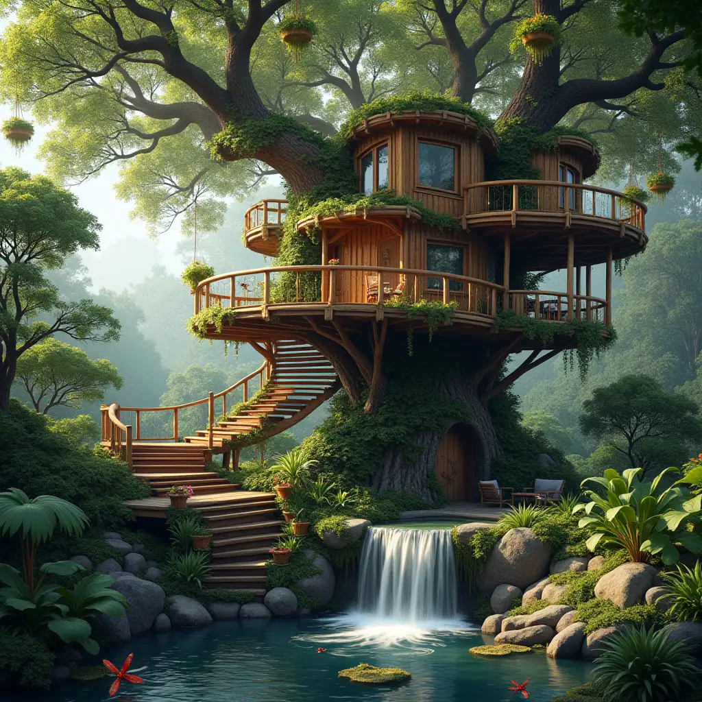 Create an image of a large and lounging treehouse with round stairs, many terraces with orchid hanging plants, a pond with waterfall and dragonflies, photorealistic detailing of parts and lighting.