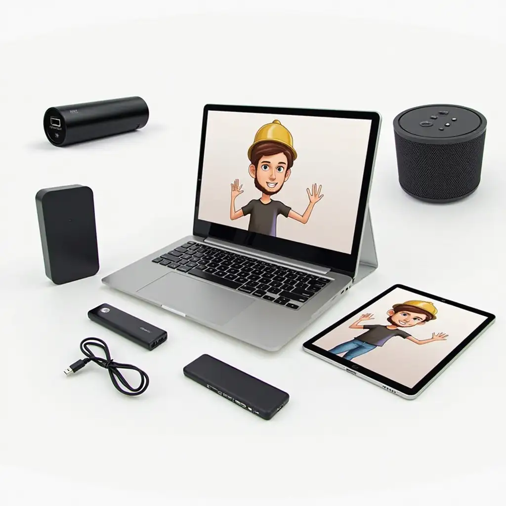 Realistic 3D Accessories for Laptop and Tablet with Cartoon Character Background