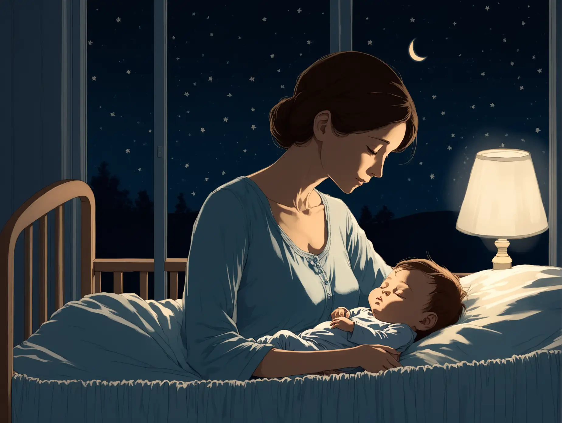 A nighttime scene with a mother sitting beside her young child, who is peacefully asleep in a crib or bed. The mother looks lovingly and a bit tired, with soft, dim lighting from a nearby lamp casting a gentle glow on her face. The room is quiet, with a deep blue night sky visible through a window, hinting at late hours. The atmosphere is calm and intimate, capturing the quiet devotion of a mother watching over her child late at night.