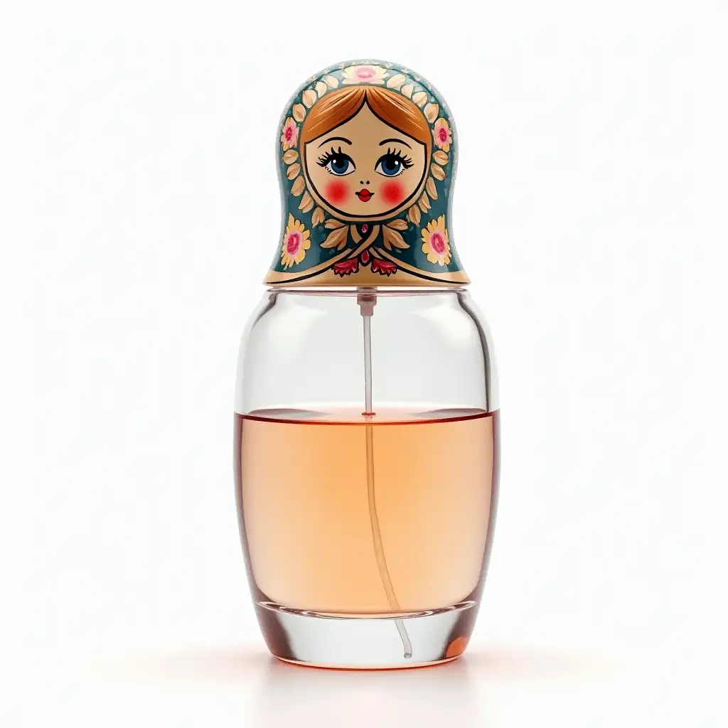 A hyper-realistic image of a Russian Matryoshka doll that has been transformed into a perfume bottle while maintaining all of its traditional details. The doll retains its iconic painted floral patterns, intricate facial features, and vibrant colors, but its lower half seamlessly transitions into a sleek, transparent glass perfume bottle filled with a delicate liquid. The cap of the bottle is shaped like the top part of the Matryoshka doll, preserving its recognizable form. A fine mist spray nozzle is subtly integrated at the top, blending seamlessly into the design. The background is pure white, emphasizing the surreal yet elegant fusion of cultural tradition and modern luxury.