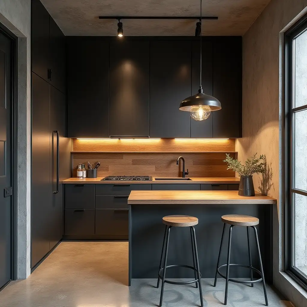 This loft-style kitchen, despite its compact size, creates an atmosphere of urban industrial aesthetics. The combination of concrete, wood and metal, as well as thoughtful lighting and ergonomics of space make it stylish and functional.