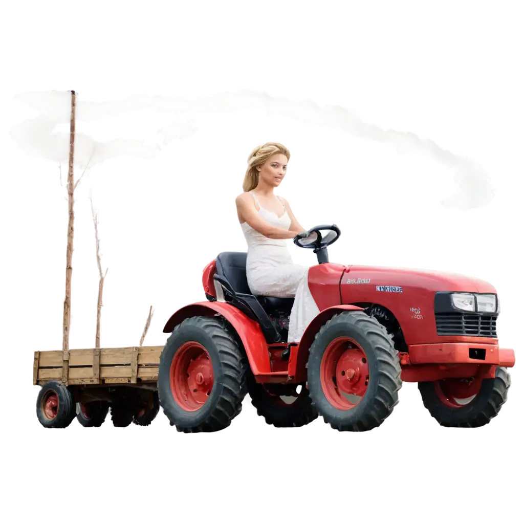 Blonde-Woman-in-Wedding-Dress-Driving-Red-Tractor-PNG-Image-Concept