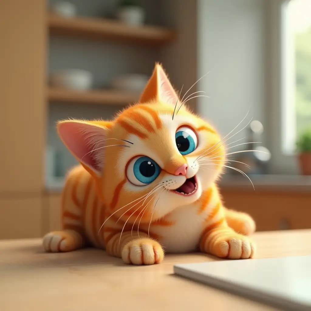 A whimsical 3D-rendered digital image of a striped orange tabby cat being lazy, he's lying on a kitchen counter, with his big blue eyes open wide in surprise, his head tilted to the right, and leaning on one paw