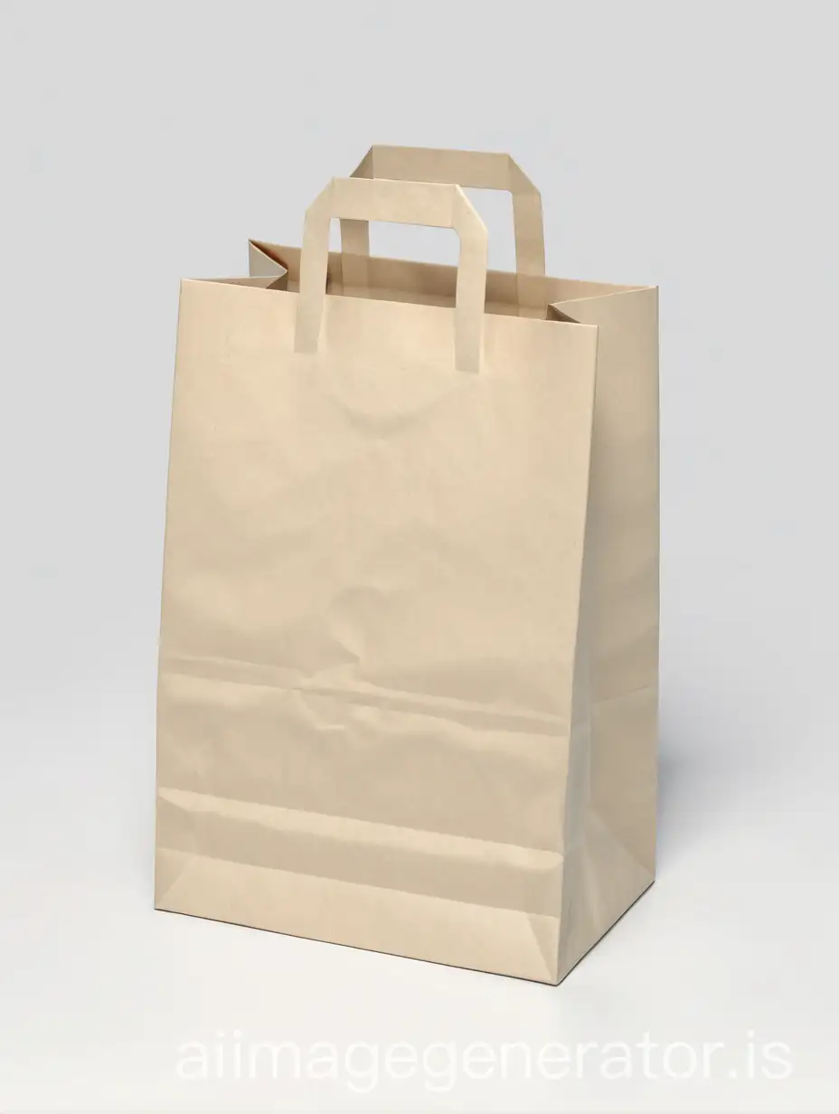 3D rendering, A light beige, paper shopping bag, centered in the image. The bag has a simple, folded design, with a handle that is also made of the same paper material. The paper's texture is slightly rough and uneven, giving a natural, unpolished look. The background is a plain, muted gray. The lighting is even and neutral, casting no significant shadows on the bag. The composition is straightforward and focused on the bag itself. The perspective is from a slightly elevated angle, showing the bag in a full view. The overall style is simple, functional, and understated, reflecting the nature of a typical paper shopping bag.