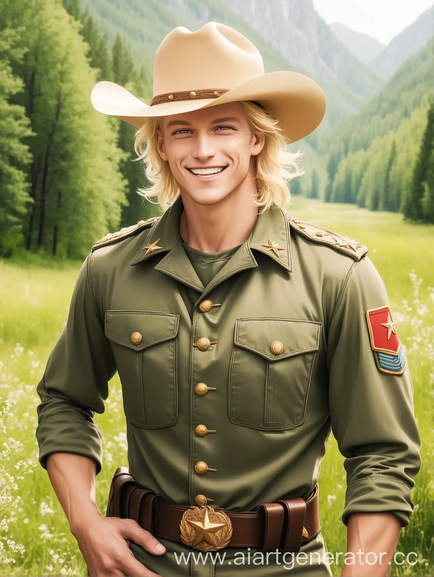 Smiling-Tall-Blonde-Man-in-Military-Uniform-and-Cowboy-Hat-in-Natural-Setting