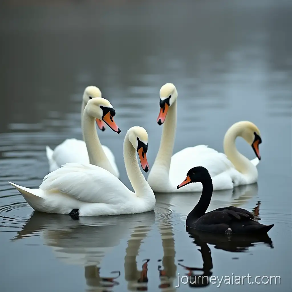 White-Female-Swan-with-Male-Swans-in-Lake-Observed-by-Lonely-Black-Swan