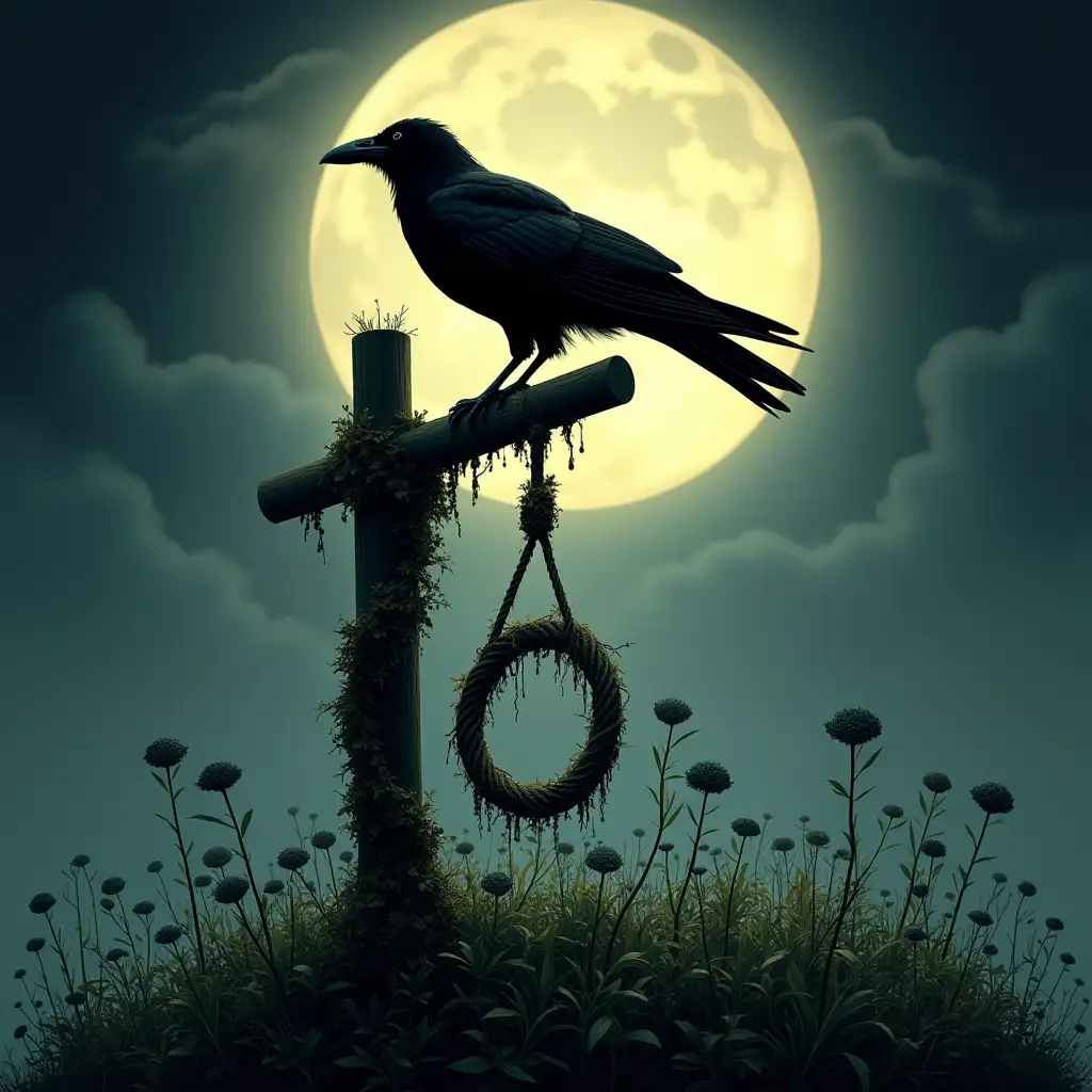 allegorical illustration of a raven roosting upon a gibbet, with overgrown mandrake beneath the gallows. Volumetric light provided by the moon which outlines the raven.