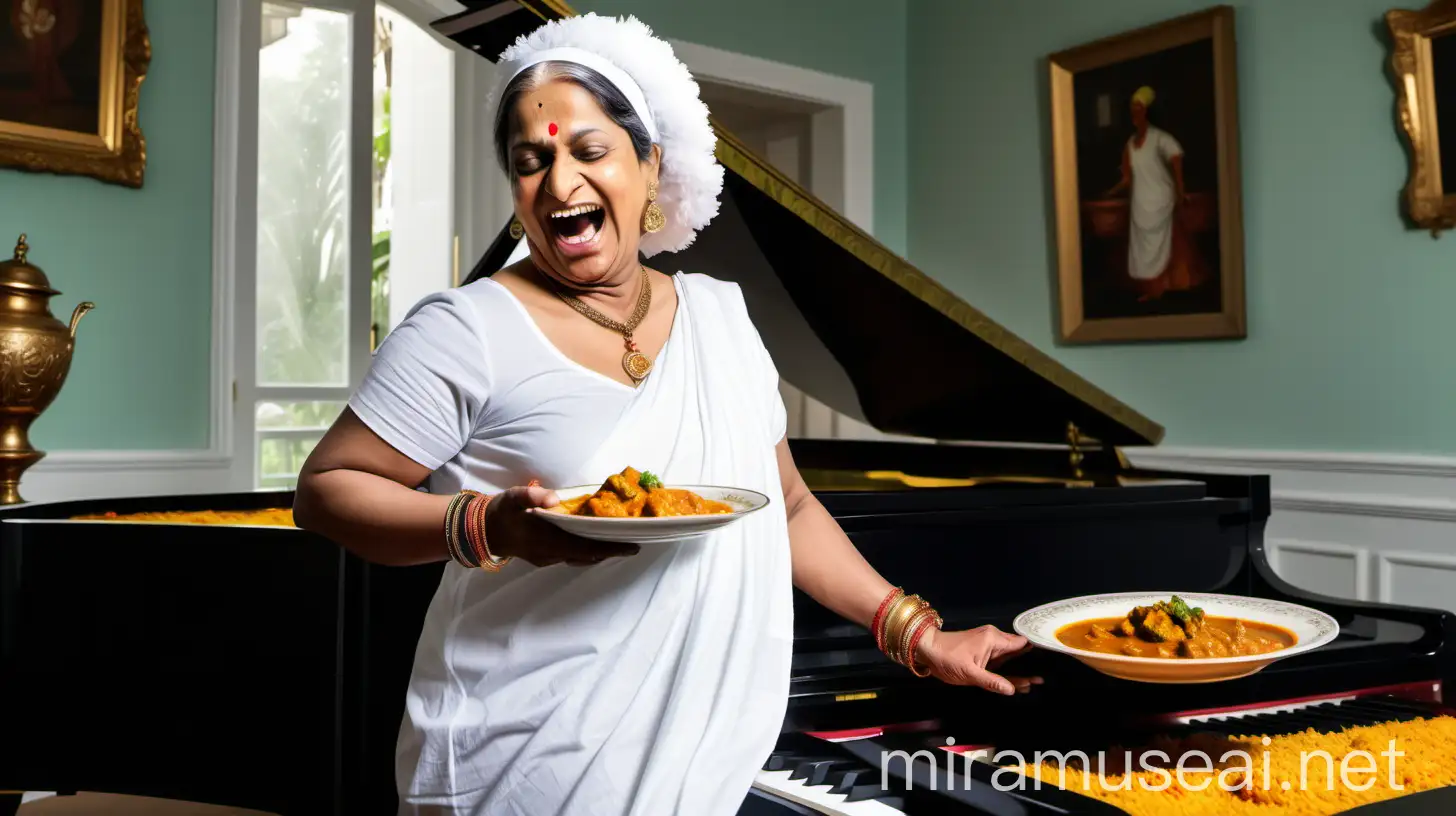 Mature Indian Woman Laughing on Grand Piano in Haunted Mansion with Chicken Curry and Rice