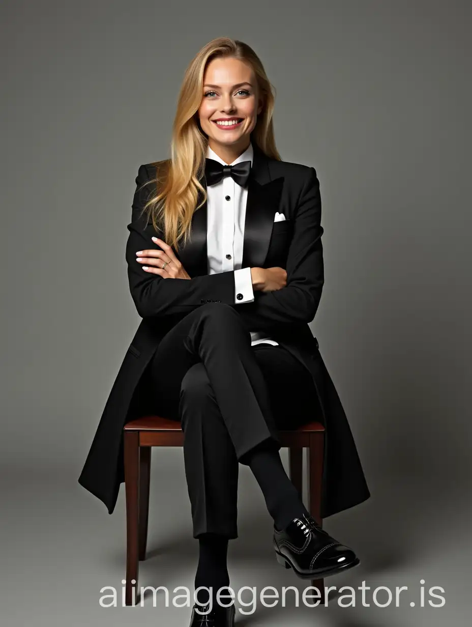 Beautiful-Swedish-Female-Movie-Actress-in-Elegant-Tuxedo-and-Wingtip-Shoes