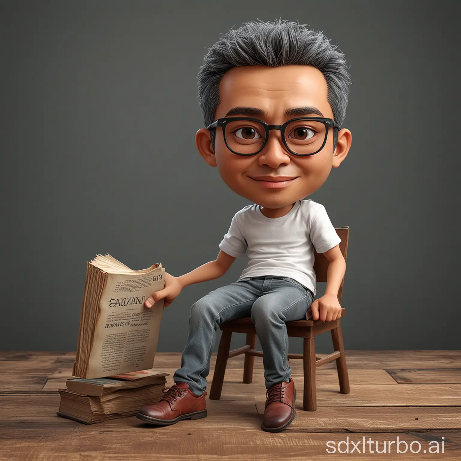 Create caricatures 3D realistic cartoon style full body with a big head. A 45 year old Indonesian man. Gray short hair parted on the side. Sitting relaxed in a chair with dark red wing backs. Oval face, dull eyes with thick eye bags. Wearing rectangular glasses. Wearing a white t-shirt with clear writing on the front 'Akal Sehat' with good and correct Indonesian spelling. Wearing gray jeans that look worn. Wearing dark brown shoes. The index finger is pointed at the head. Left hand holding a book. Face facing forward, eyes to the side. Nearby there is a classic wooden table. The background color is dark grey. Use soft photographic lighting, dramatic overhead lighting, very high image quality, clear character details, UHD, 16k, 3d Rendering, very realistic.