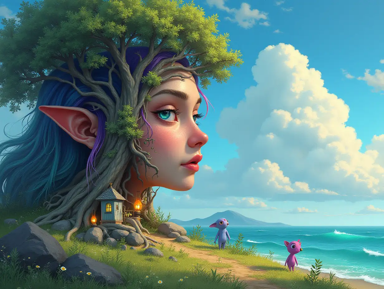 Creating a digital painting transforms a face with rainbow hair into a building with stones and trees with roots and rocks and lanterns by the sea, alien creatures on a meadow with a rainbow-blue sky