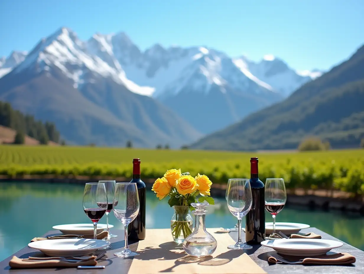 A stunning landscape of the snow-capped Andes as a backdrop, with an outdoor table set in front of a crystal-clear lake. The table is carefully set for an elegant meal, with white plates, crystal wine glasses, metallic cutlery, and cloth napkins. On the table are bottles of red wine, an elegant glass decanter, a centerpiece with a vase holding yellow roses, and a natural wood tablecloth. The ambiance conveys tranquility, luxury, and connection with nature, with green vineyards stretching out at the foot of the mountains. Clear, natural lighting, a bright, cloudless blue sky The image should have vibrant, strong colors.