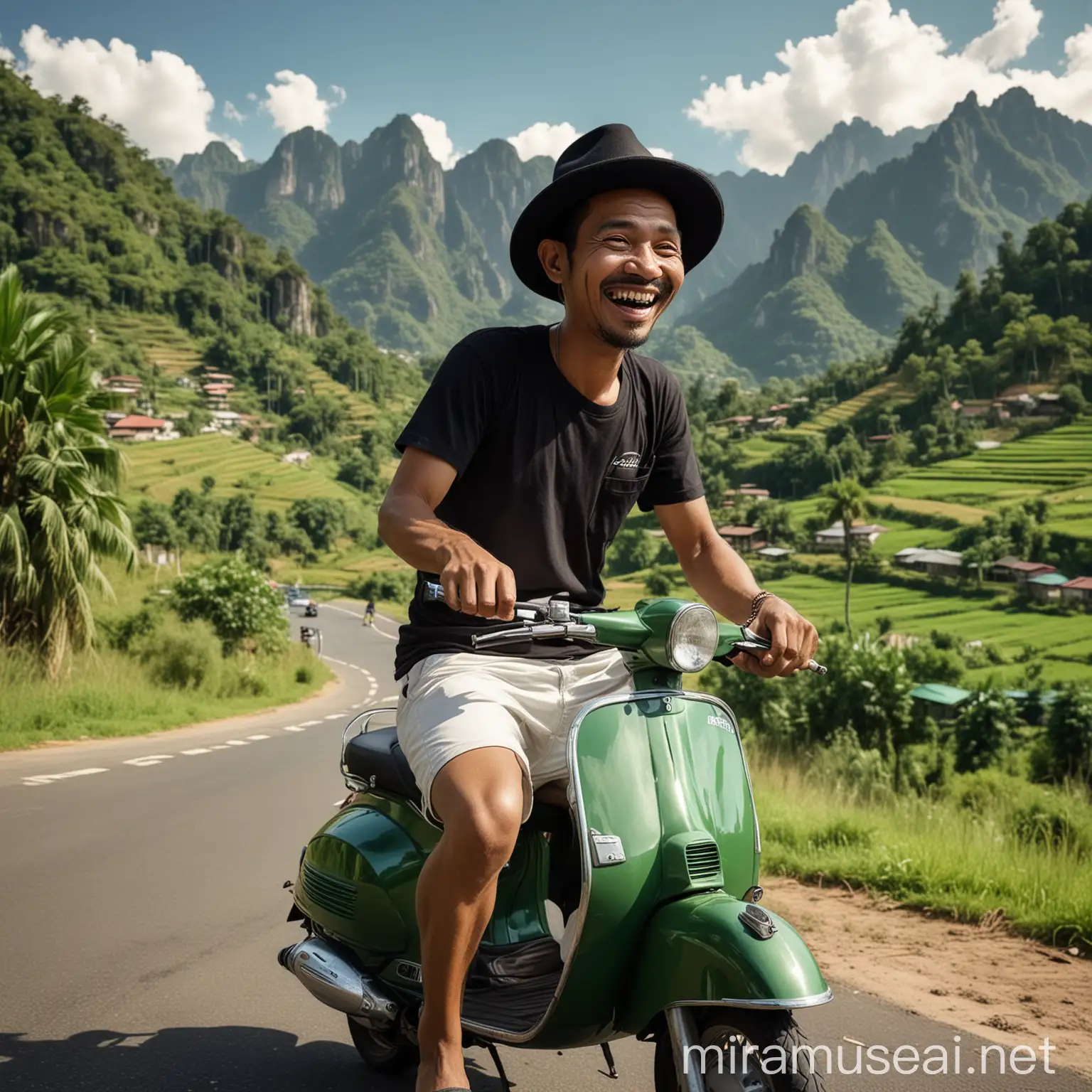 Laughing Javanese Man Riding Green Vespa in Countryside Landscape