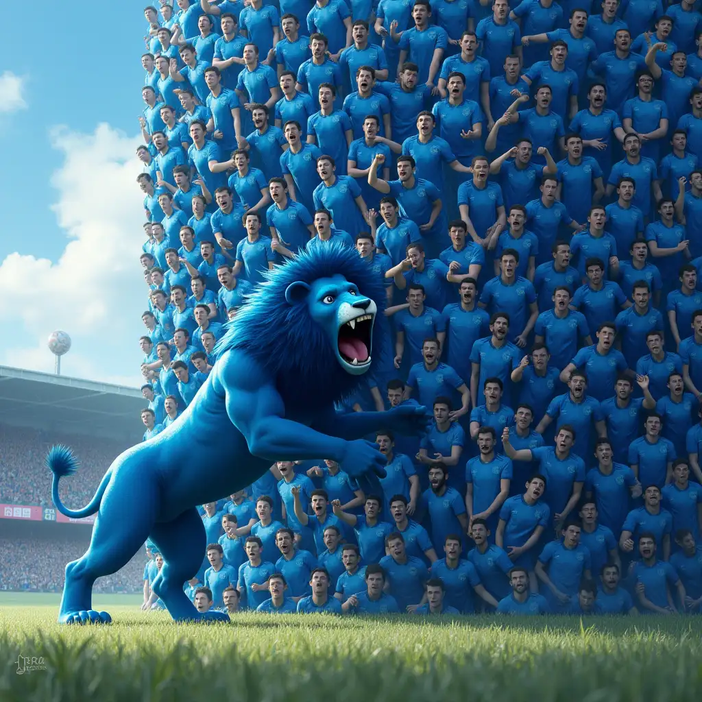 Frightened Blue Lion Collides with Towering Blue Soccer Player Wall