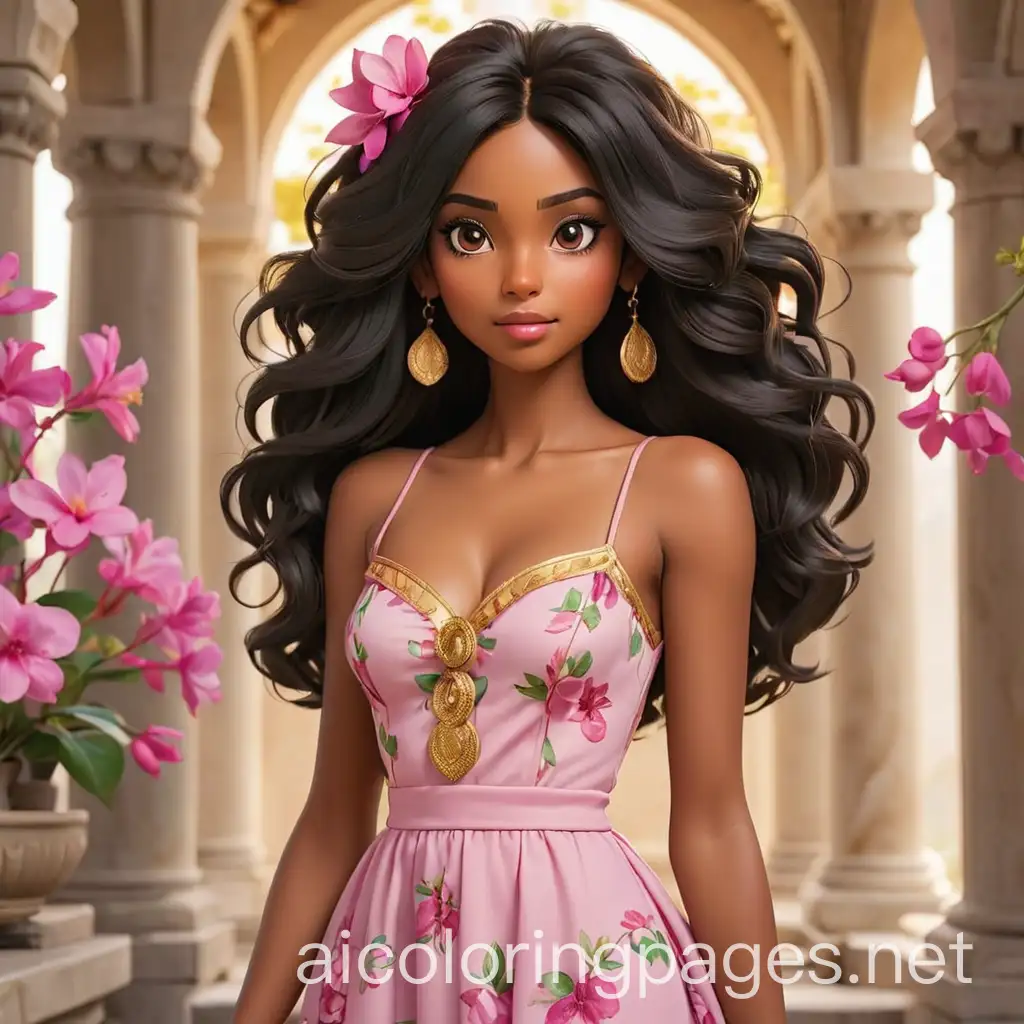 Elegant-BrownSkinned-Woman-in-a-Temple-Surrounded-by-Fuchsia-Apple-Blossoms