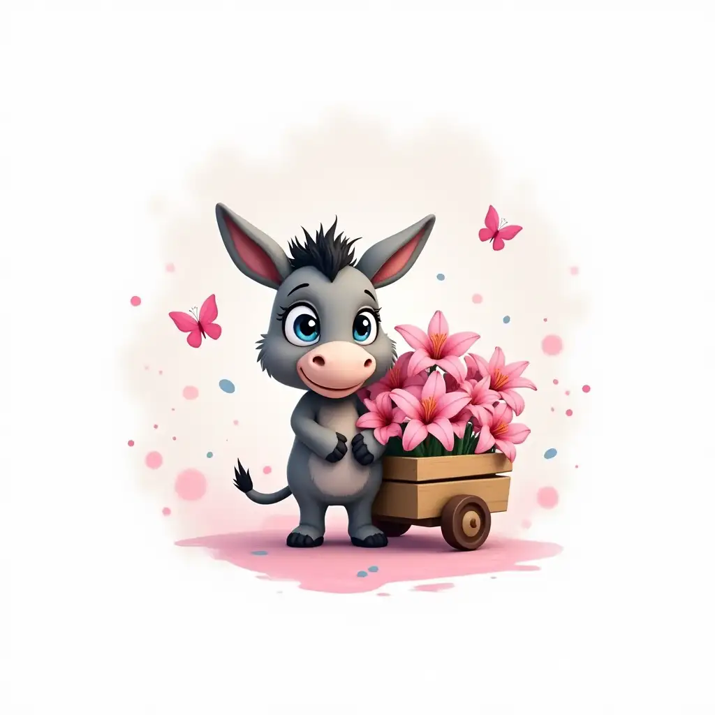 Cartoon-Donkey-Holding-Bouquet-of-Pink-Lilies-with-Wooden-Cart-and-Butterflies