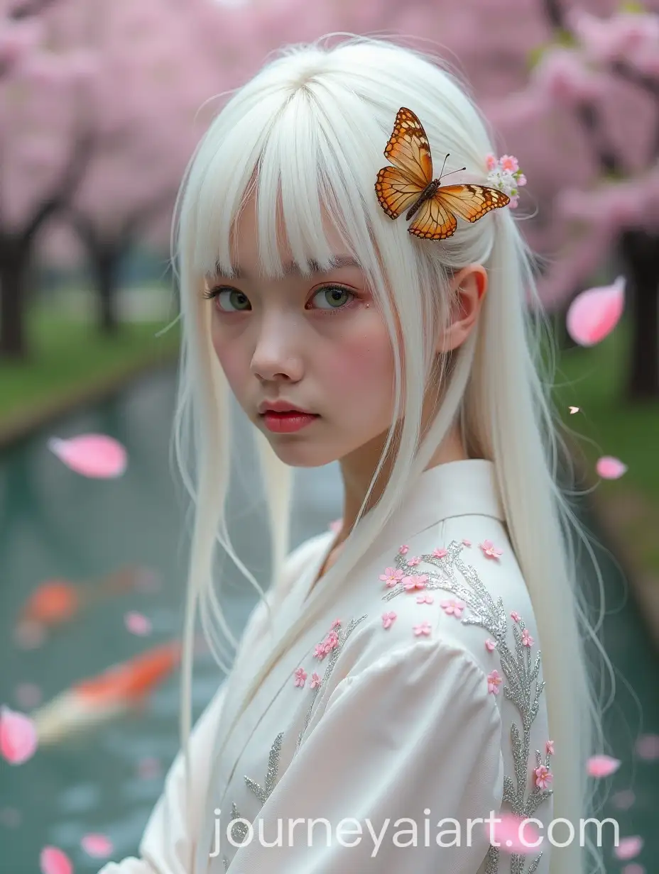 Platinum-Blonde-Girl-in-Silver-Embroidered-Costume-Amidst-Cherry-Blossom-Alley-with-Koi-Pond
