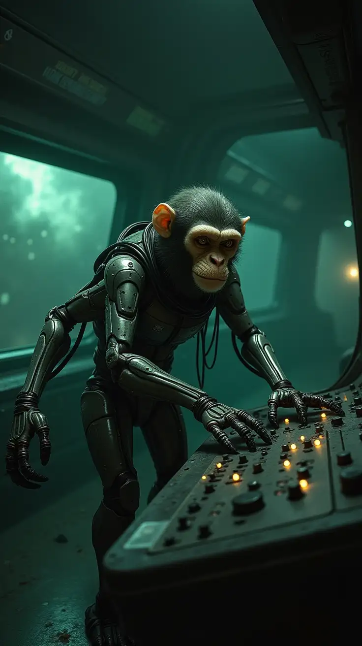 AnimalRobot-Hybrid-Monkey-with-Four-Arms-Operating-Controls-in-a-Gloomy-Spaceship