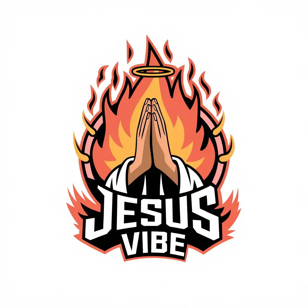 a vector logo design,with the text "jesus vibe", main symbol:pleading hands in fiery fire with nimbus in anime style,complex,be used in Religious industry,clear background