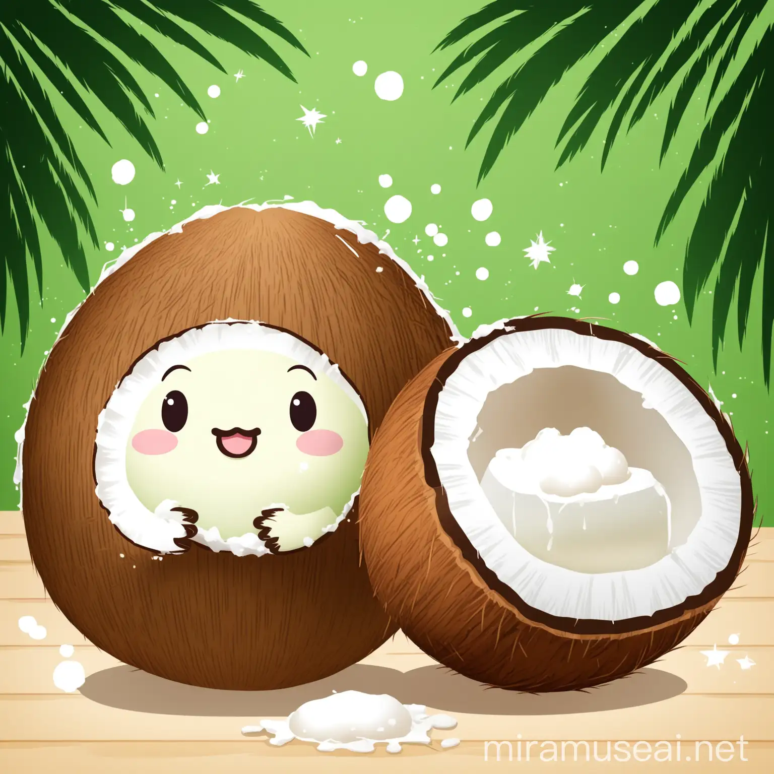 try making a MASCOT in the form of a COCONUT HOLDING SOAP as the mascot for an organic soap product. Try to make the image look cute and adorable and also related to the theme of cleanliness and twinkling. for reference, you can look at the picture I have provided, but don't use hair on the coconut, so only the coconut is round, but it is as adorable as the picture I have provided. add a touch of green, and make it in a variety of styles. Make the mascot have legs and arms and INCLUDE SOAP ELEMENTS IN IT. remember, it is a mascot of an organic soap business where it has feet and hands holding soap.