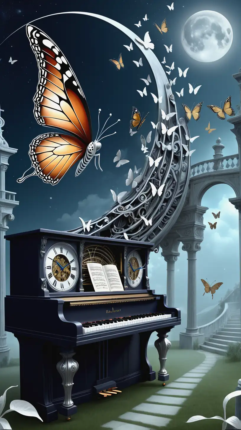 The Harmonious Flight of Time Surreal Butterfly in a Mechanical Landscape