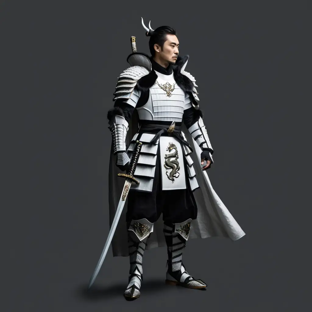 Japanese Samurai Warrior in White Armor with Dragon Sculpture