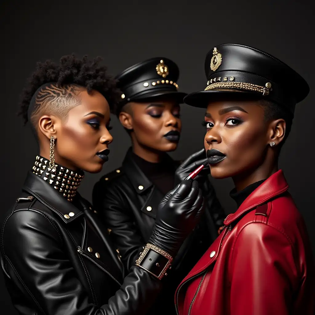 Three-Black-Female-Makeup-Artists-Applying-Lipstick-to-Cynthia-Erivo-with-Bold-Fashion-and-Leather-Accessories