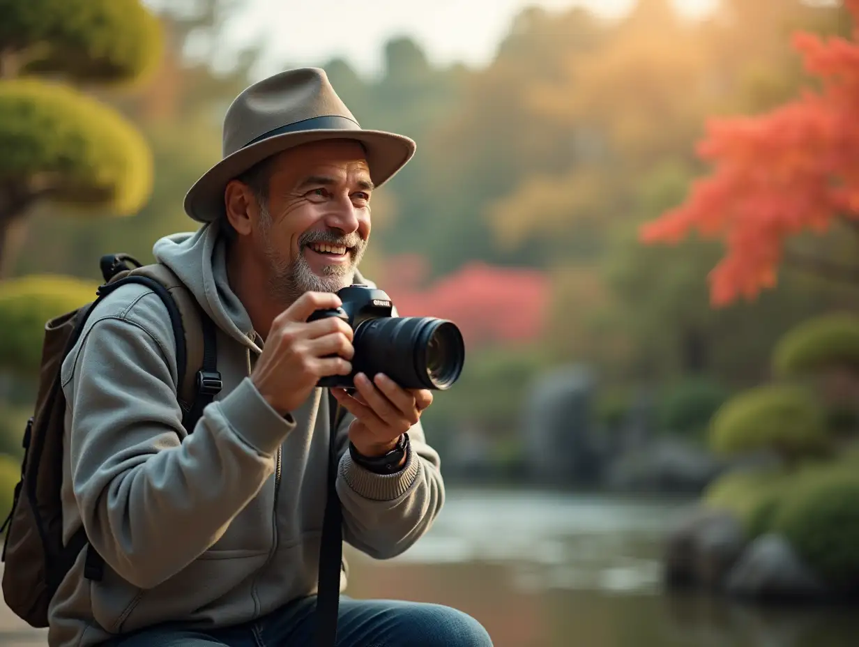 A photo realistic style image of a photographer smiling and in a beautiful Japanese garden