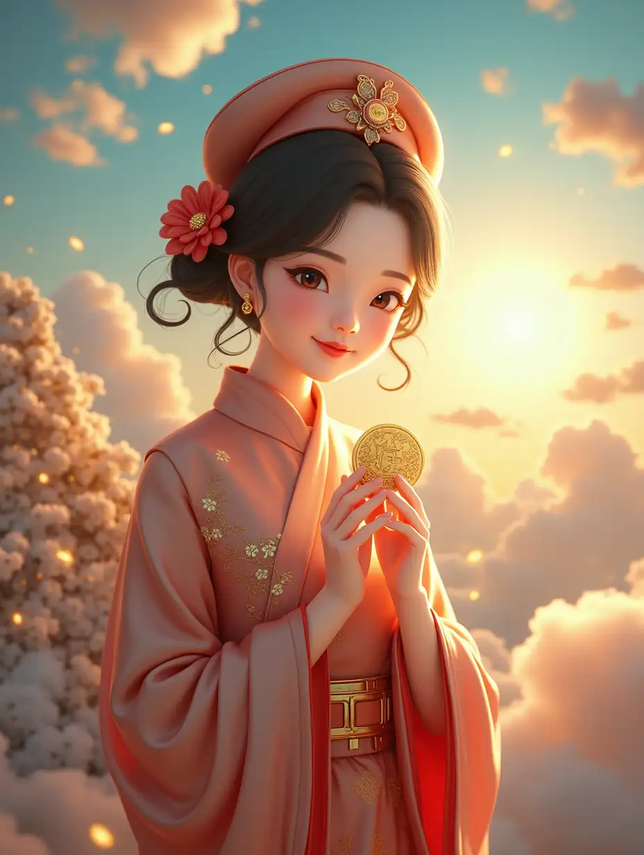 the chinese girl,20-old-years,Above the clouds,elegant flight attendants showcase their unique charm in the breath of modern travel, Inside the cabin,she was meticulous and thoughtful,with a smile that bloomed a flower,an aviation cap,and a radiant expression. Outside the window,the clear sky was cloudless,and the soft sunlight gently caressed the azure sky,painting a peaceful and profound picture of flight, The style should be Chinese, and the fairy beauty should be smiling with a peaceful expression, wearing a gorgeous fairy robe and holding a golden dollar in both hands. There should be a halo behind him, with a few auspicious clouds floating around, soft light, gold coins and precious stones piled up into a small mountain, and a money tree around him, glittering with gold. The ratio should be 9:16, 4K picture quality