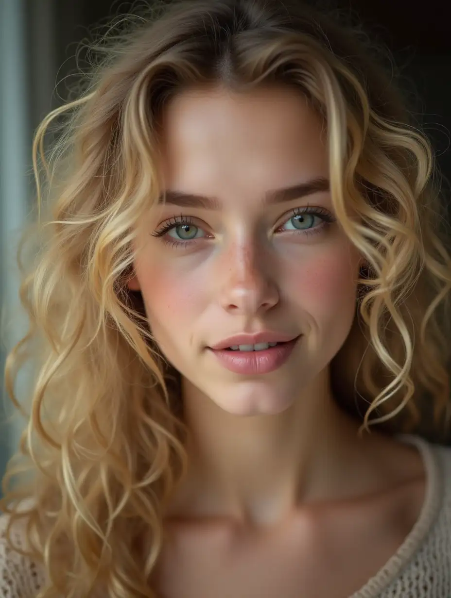 fullface photo of 25 yo blonde girl, curly hairs, open ears, plump lips, triangular thin face, roman nose, looking at viewer, highly detailed