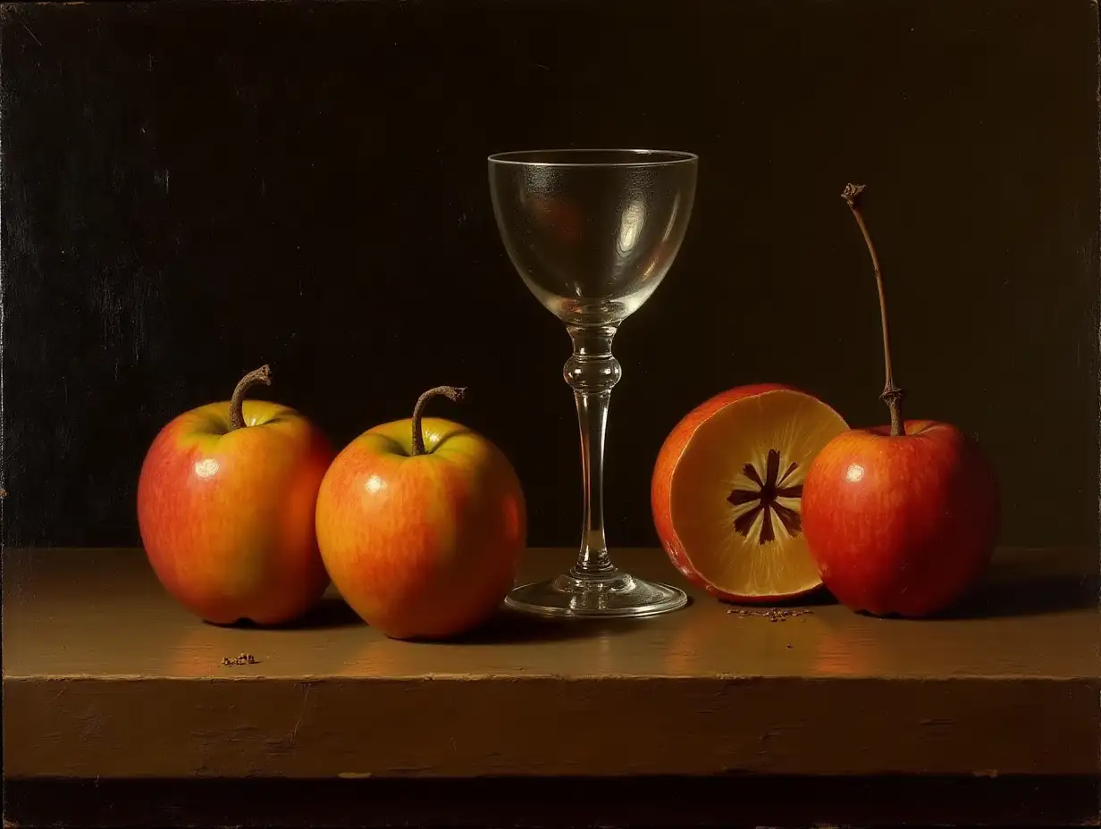 Oil painting Still life of two nectarines and a half lying on a table on a dark brown background with simply glass in the style of the 15th century