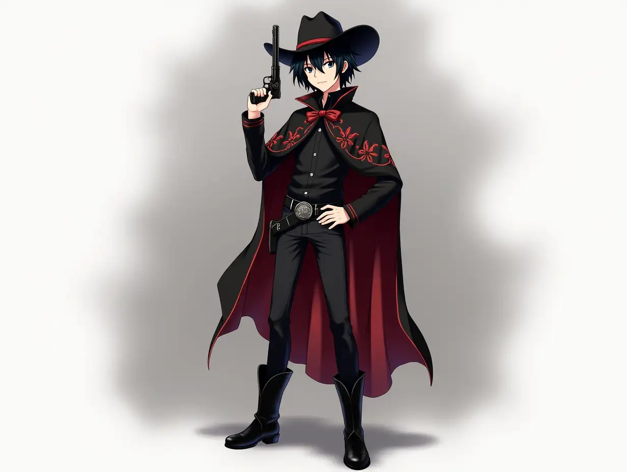 Young man with black hair, wearing a black western button up, black jeans, black boots, a black poncho, and a black cowboy hat, all his clothes are black with red accents, he has a western revolver (anime art style)