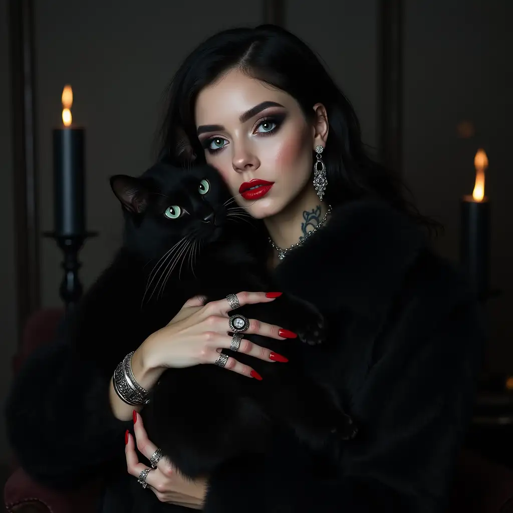 blue eyes, black long hair, black cat, black fur coat, long red nails, red lipstick, septum, tattoos, tarot, silver wristwatch, silver rings, silver earrings, black candle, pale skin