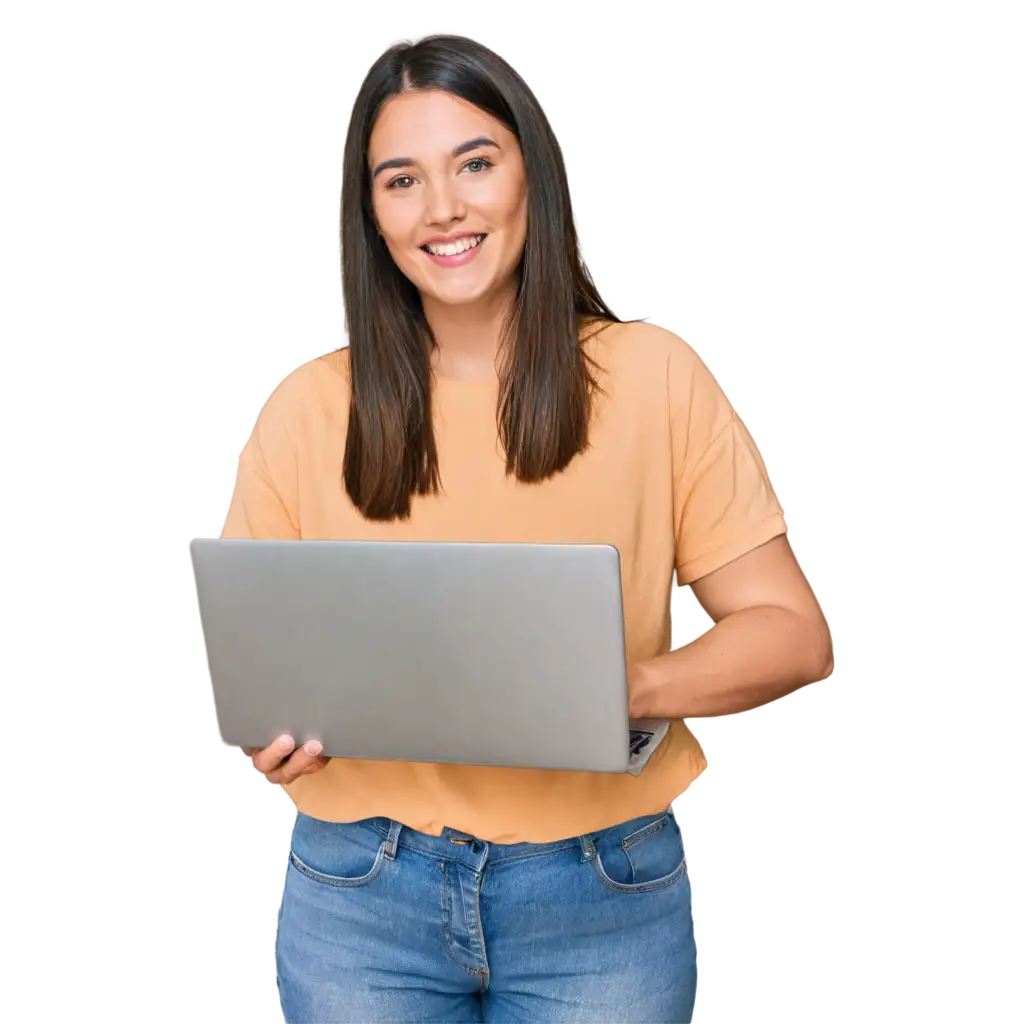 Smiling-Woman-in-Yellow-Shirt-Using-Laptop-PNG-Image-for-Professional-and-Creative-Use