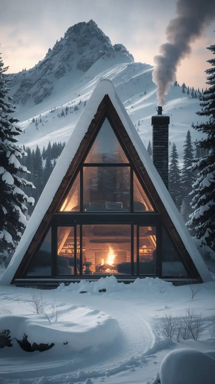 Wide angle shot, real A-frame cabin exterior, snow-covered mountain setting, dramatic triangular shape, large front window showcasing cozy interior with fireplace, winter wonderland, pine trees heavy with snow, smoke rising from chimney, warm interior lighting, cinematic, 8k