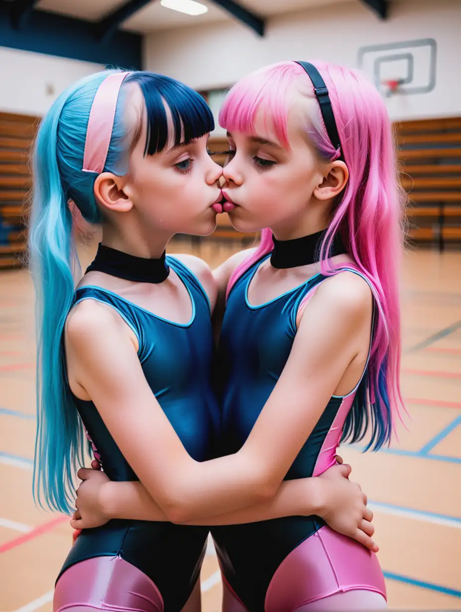 Two-Girls-with-Long-Light-Blue-and-Pink-Hair-Kissing-and-Hugging-in-Gothic-Style-Gymnasium