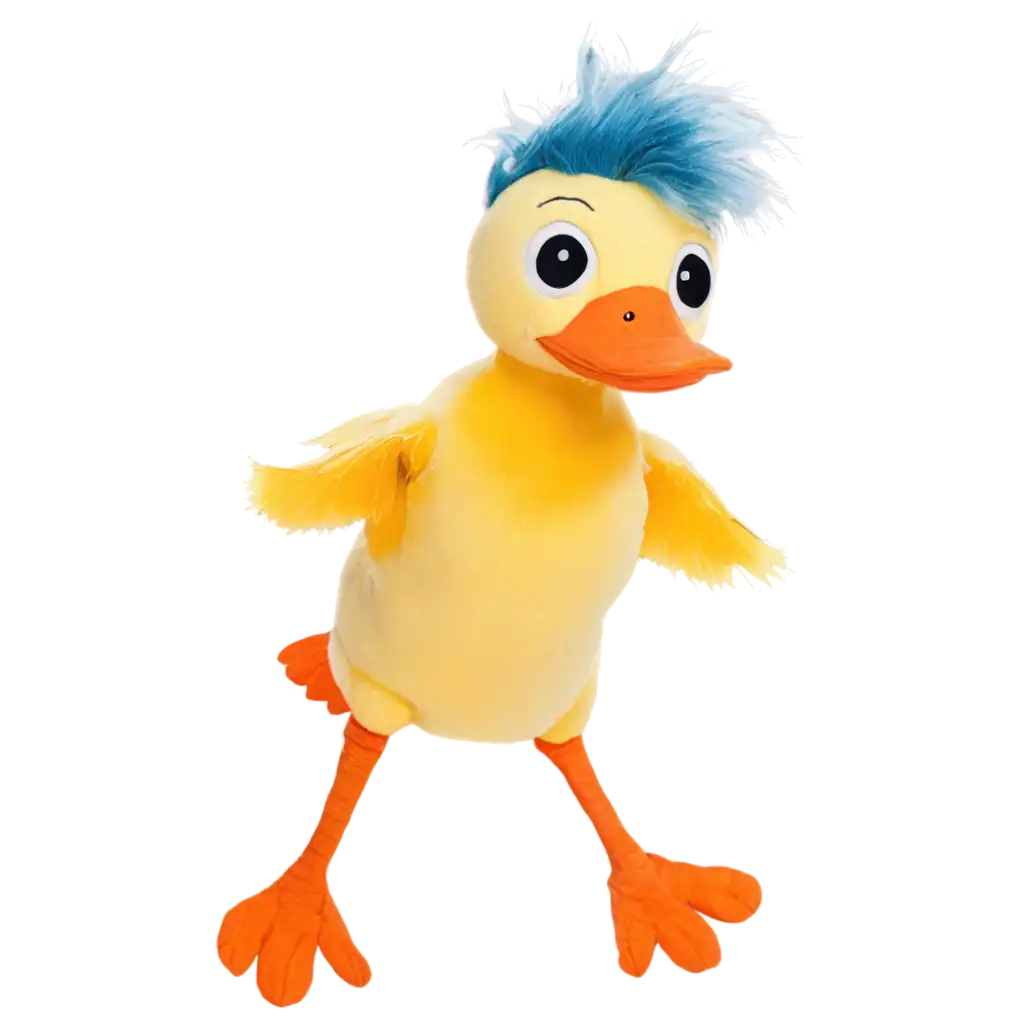 Colorful-PNG-Image-of-a-Yellow-Duck-Puppet-with-Blue-Hair-Black-Eyes-Orange-Beak-and-Yellow-Wings