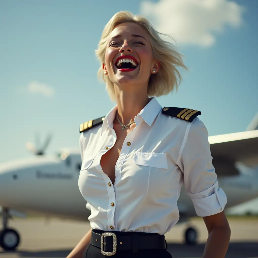 white norvegian lady, in white deep-necked pilot uniform button shirt, laughing with her mouth open, red lipstick accentuating her smile,belt on waist, big wide hips, chest are fully grown, jewerly, short hair, HD, screaming at plane, photo-realism