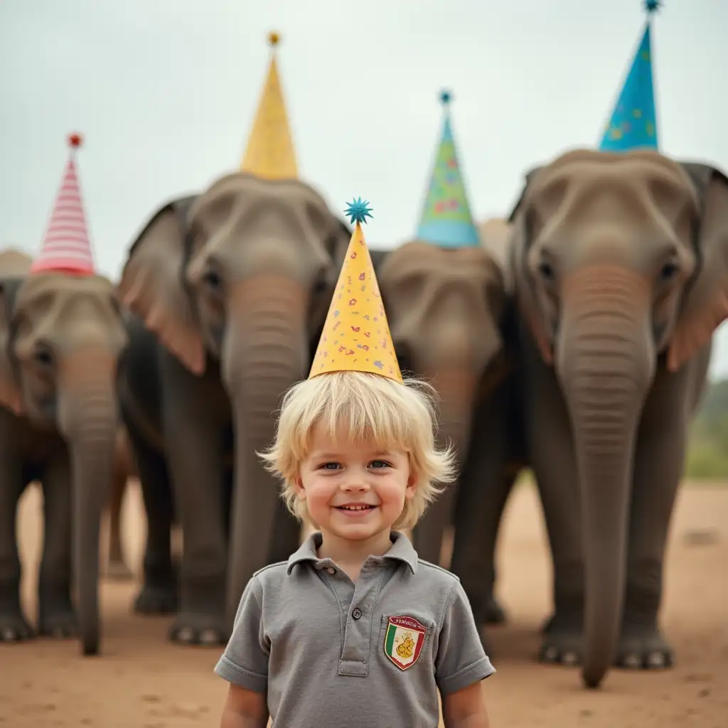 A blond boy in front of 4 elephants with celebration flags for the boys 4th birthday