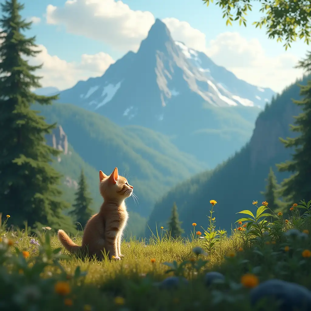 Small kitten watching mountain covered with green Trees and clouds