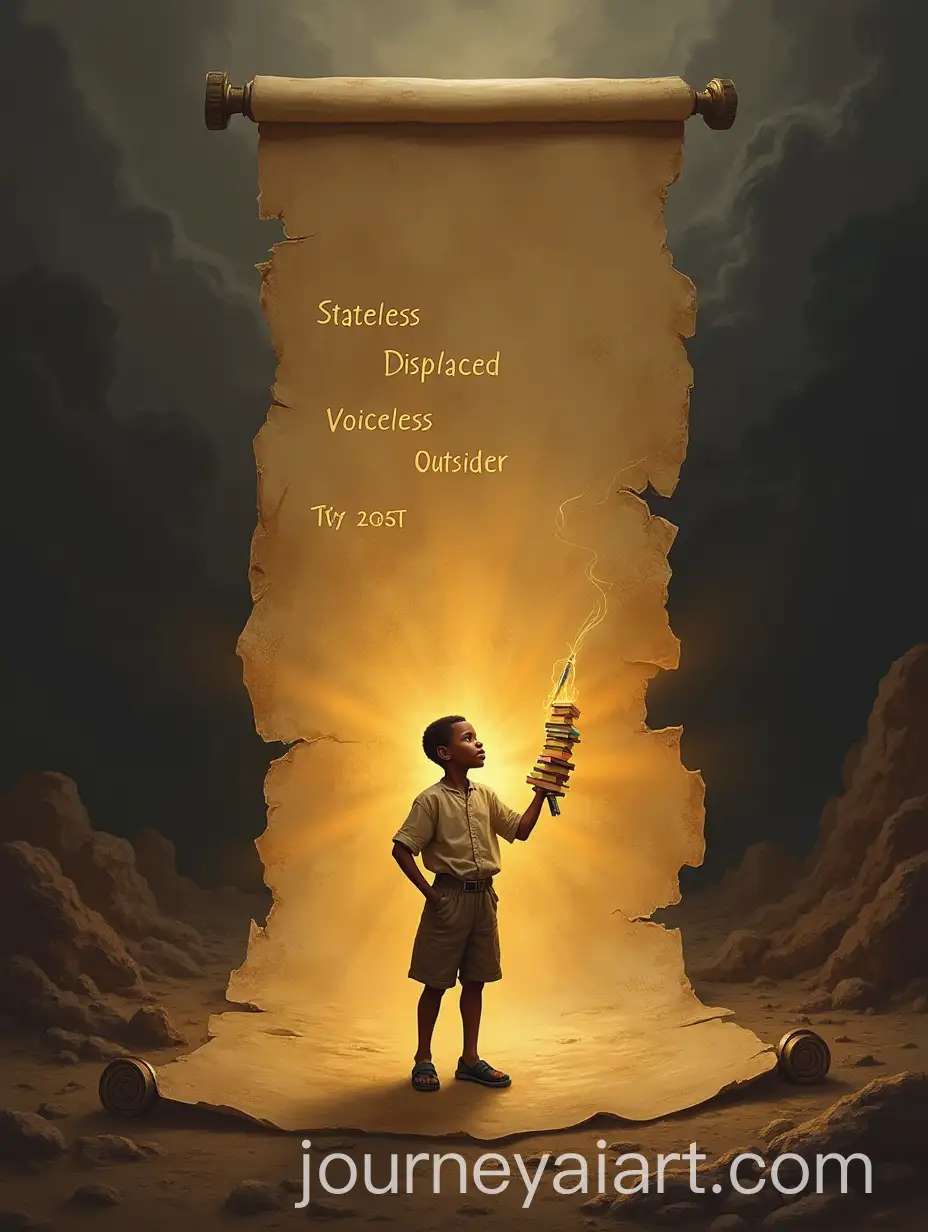 African-Refugee-Boy-Holding-Glowing-Golden-Pen-on-Ancient-Scroll-Representing-StatelessnessAI-Art-Prompt-Expansion-and-Hope