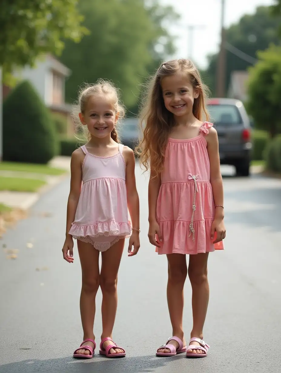 Two-Skinny-Little-Girls-Waiting-for-the-School-Bus-on-a-Driveway