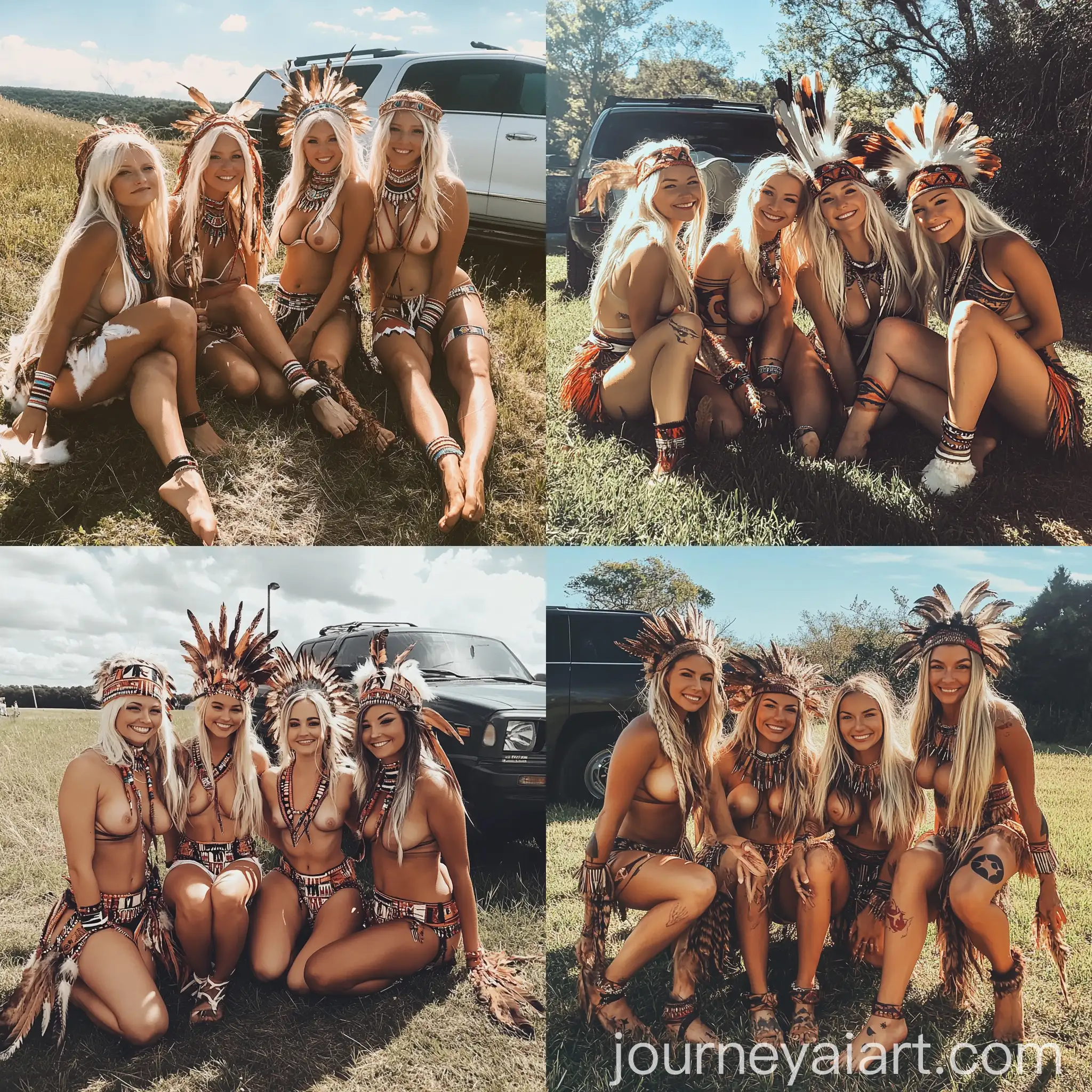Four-Blonde-Women-in-Tribal-Indian-Costumes-Posing-Outdoors