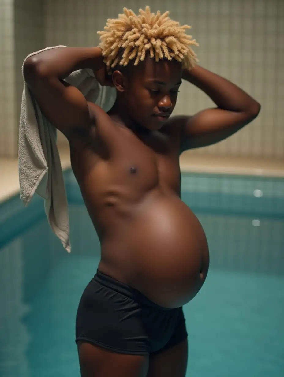 Ebony-Teenager-with-Bloated-Belly-and-Spandex-Shorts-in-Pool-Locker-Room