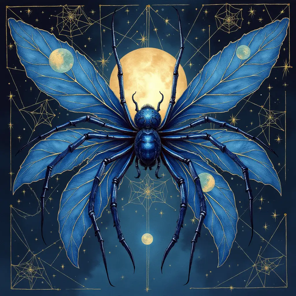 A six-winged spider in Rebecca Guay's ethereal style. Deep sapphire blue body, each wing pair displaying different moon phases. Delicate lace-like legs weaving starlight threads. Art nouveau curved lines, celestial background with constellation patterns. Watercolor techniques with gold leaf accents. Pre-raphaelite attention to detail, mystical atmosphere. The spider surrounded by floating geometric moonlight webs.