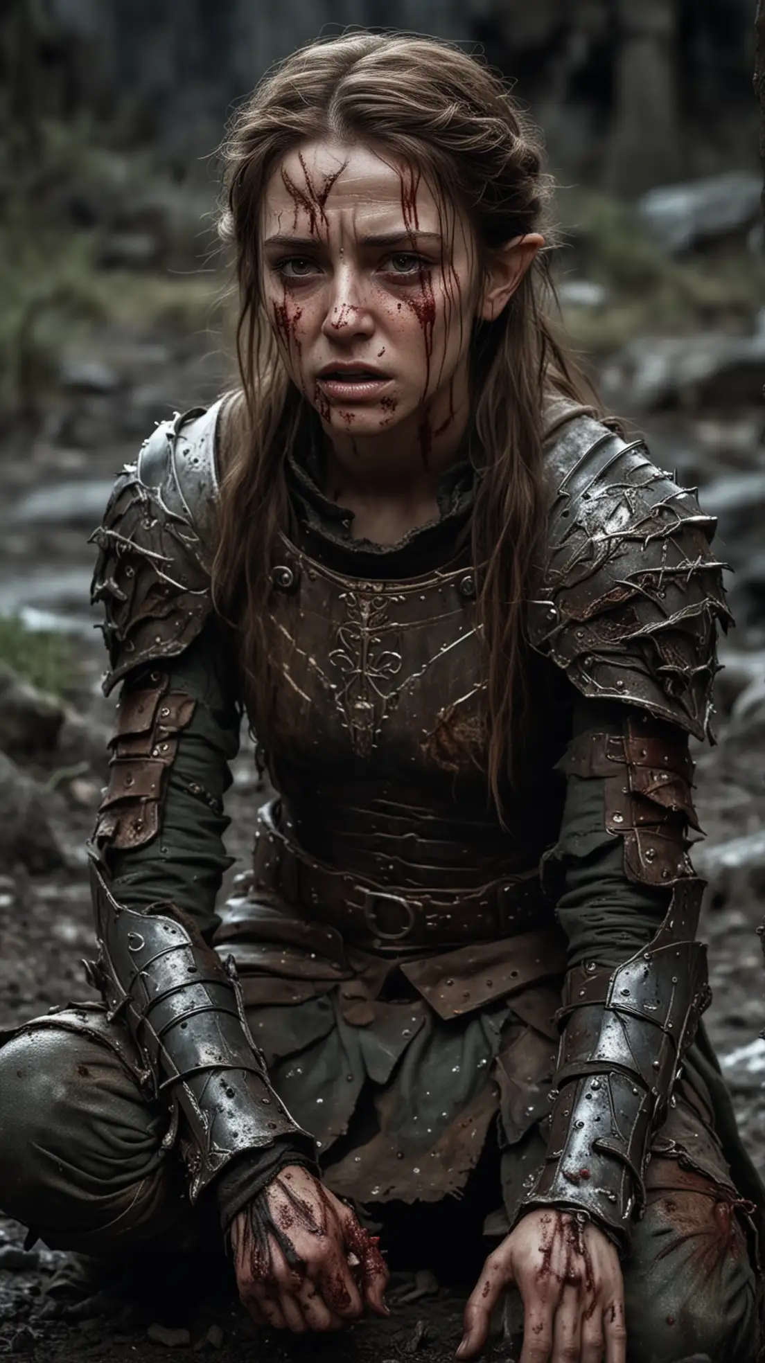 Elf princess with brown hair and light damaged armour wounded with a heavily bruised face, gruesome wounds, battle worn, blackened eyes, covered in blood and dirt, who is kneeling on a desolate battlefield at a dark night. She is suffering with closed eyes and tortured with agonizing pain.