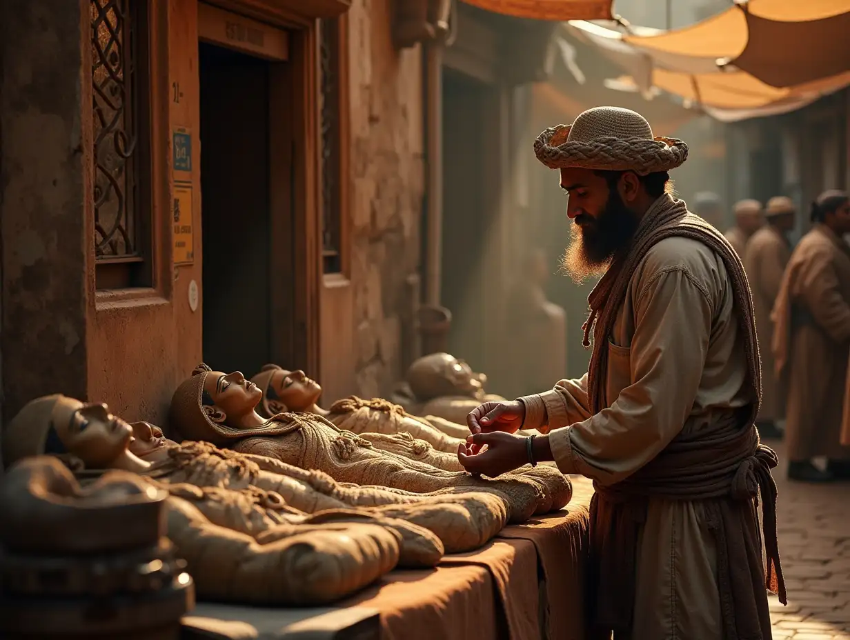 Hyperrealistic Street Vendor Selling Mummies in Ancient Egypt