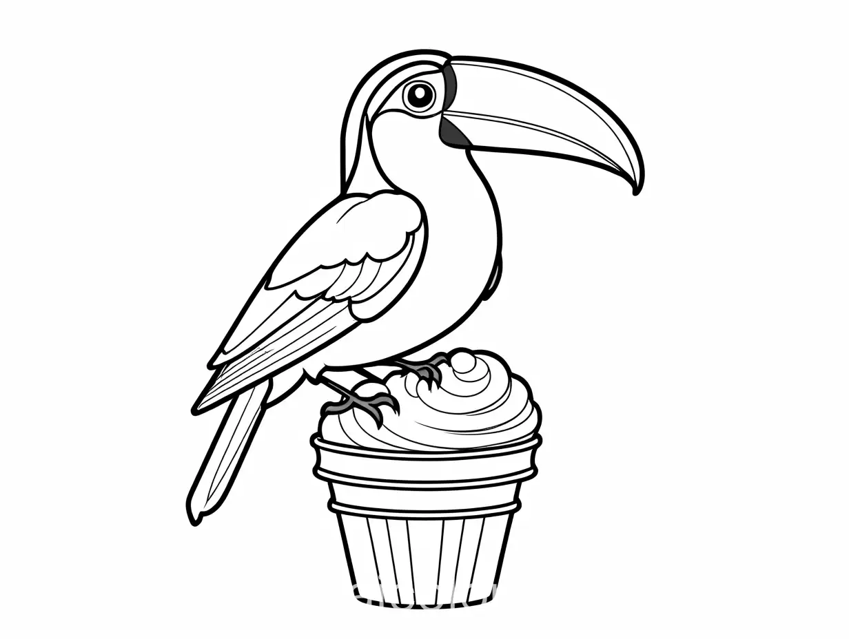 a toucan sitting in an ice cream cone, Coloring Page, black and white, line art, white background, Simplicity, Ample White Space. The background of the coloring page is plain white to make it easy for young children to color within the lines. The outlines of all the subjects are easy to distinguish, making it simple for kids to color without too much difficulty