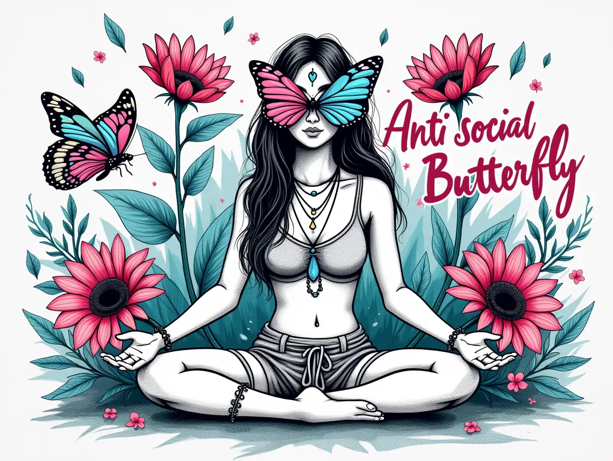 Vector illustration, Art style: Oil painting art. Create a black and white sketch of a young woman in a meditative pose, surrounded by vibrant turquoise and pink elements. She has long, flowing hair and wears bohemian jewelry, expressing serenity and individuality. Include large, colorful butterflies, especially a prominent blue and pink one on her face, symbolizing freedom and transformation.  The text 'Anti social Butterfly' should be written in bold, colorful letters, with a neon effect. The background should feature bold sunflowers and intricate floral designs in bright colors Glitter, forming a whimsical border.